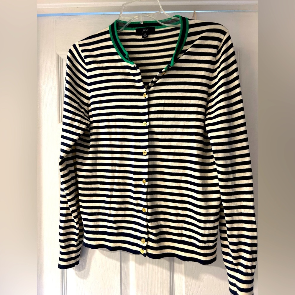 Navy, cream & Kelly green J. Crew stripped cardigan w/ gold tone buttons.